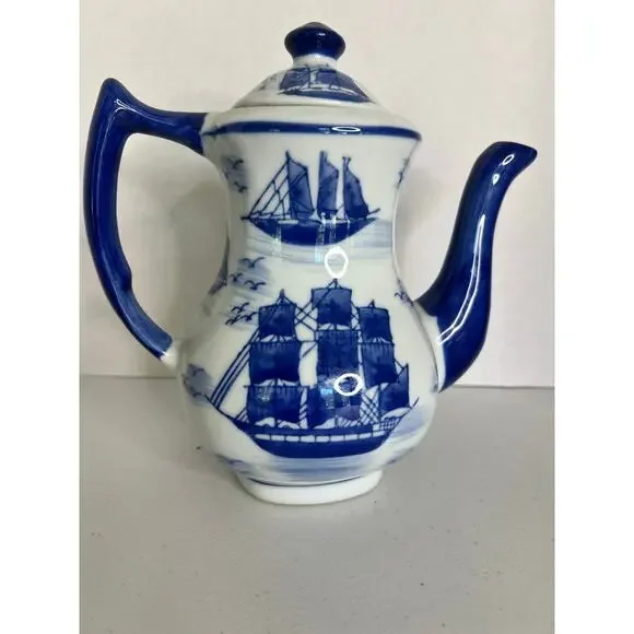 Vintage China Blue Teapot Mann Japan Nautical Ship Blue White Porcelain